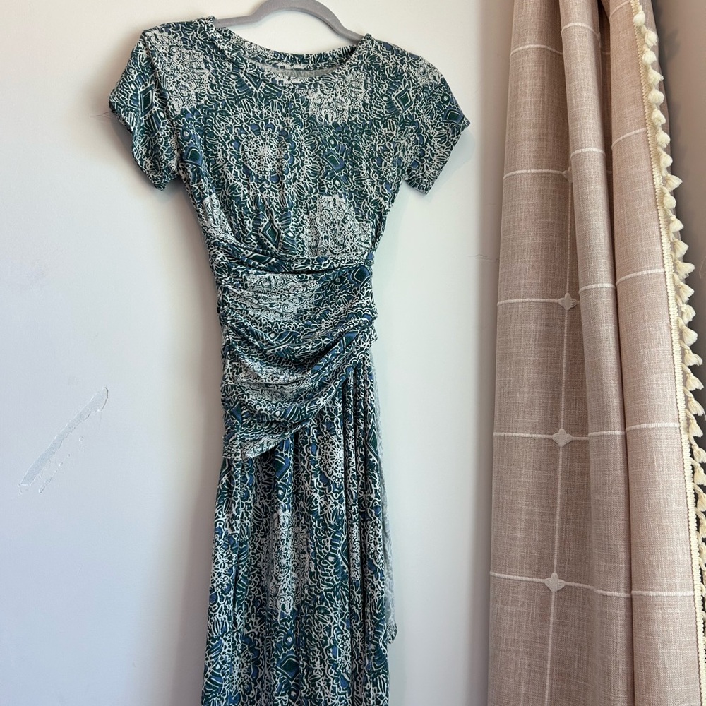 Latched Mama: Teal Patterned Side Tie Sheath Dress